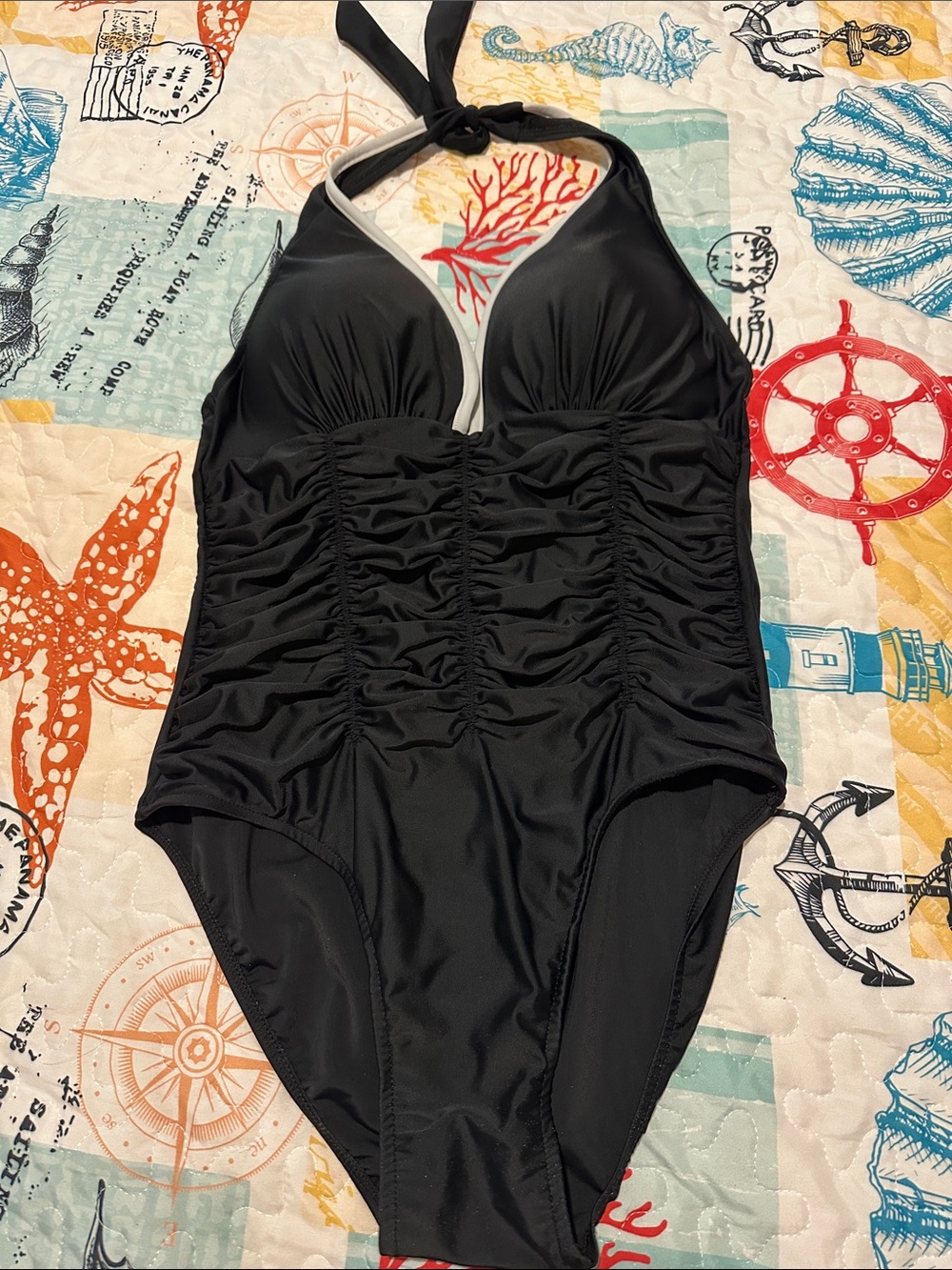 Caribbean Black Ruched Halter One-Piece Swimsuit